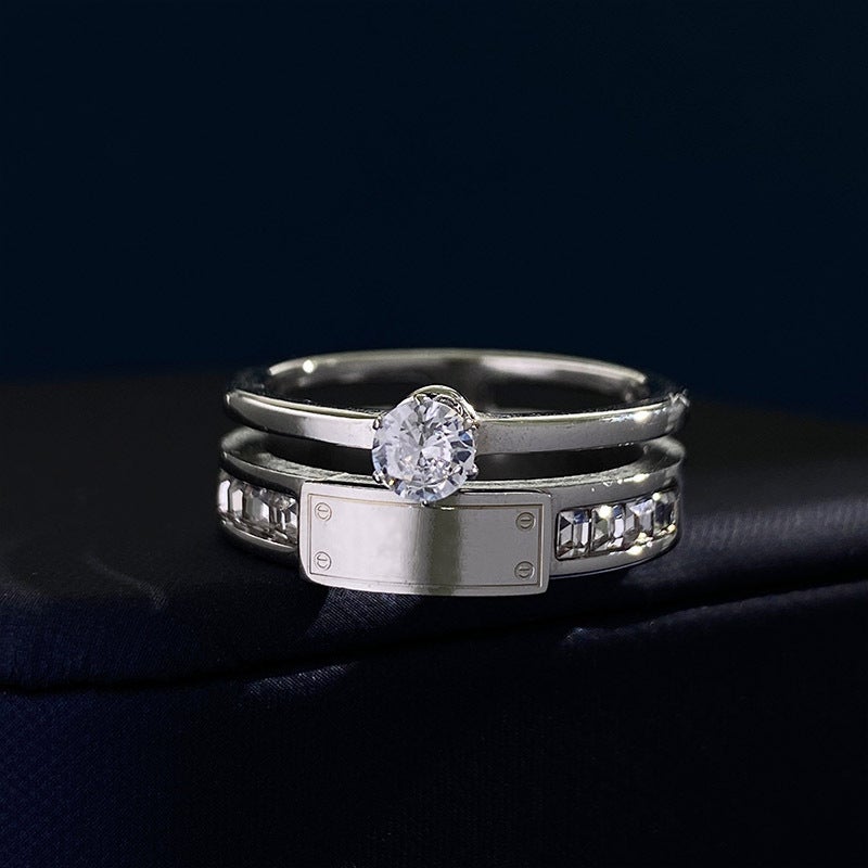 Net Red Titanium Steel Non-Fading Rectangular Letter Brand Six-Claw Diamond Ring Personality Ins Cold Wind Stainless Steel Ring - Image 4